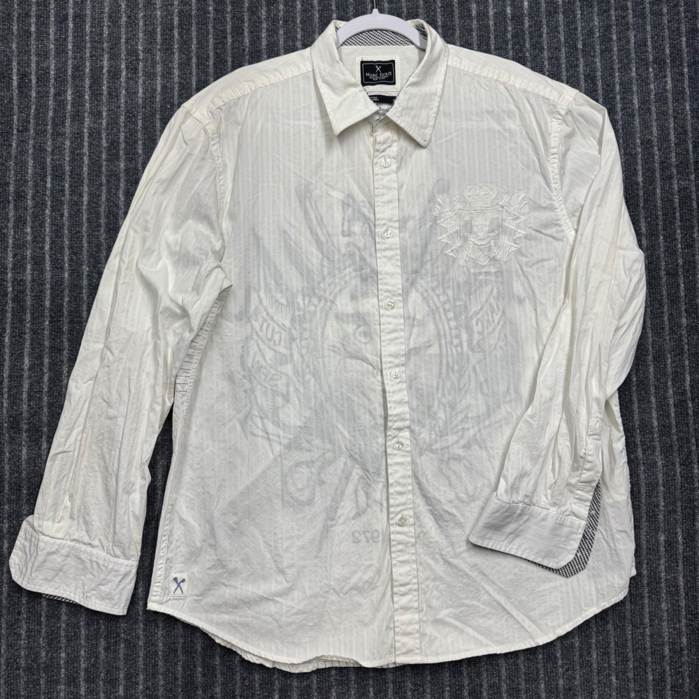 Marc Ecko Mens Button Down Shirt XXL White Embroidered Skull Graphic Streetwear